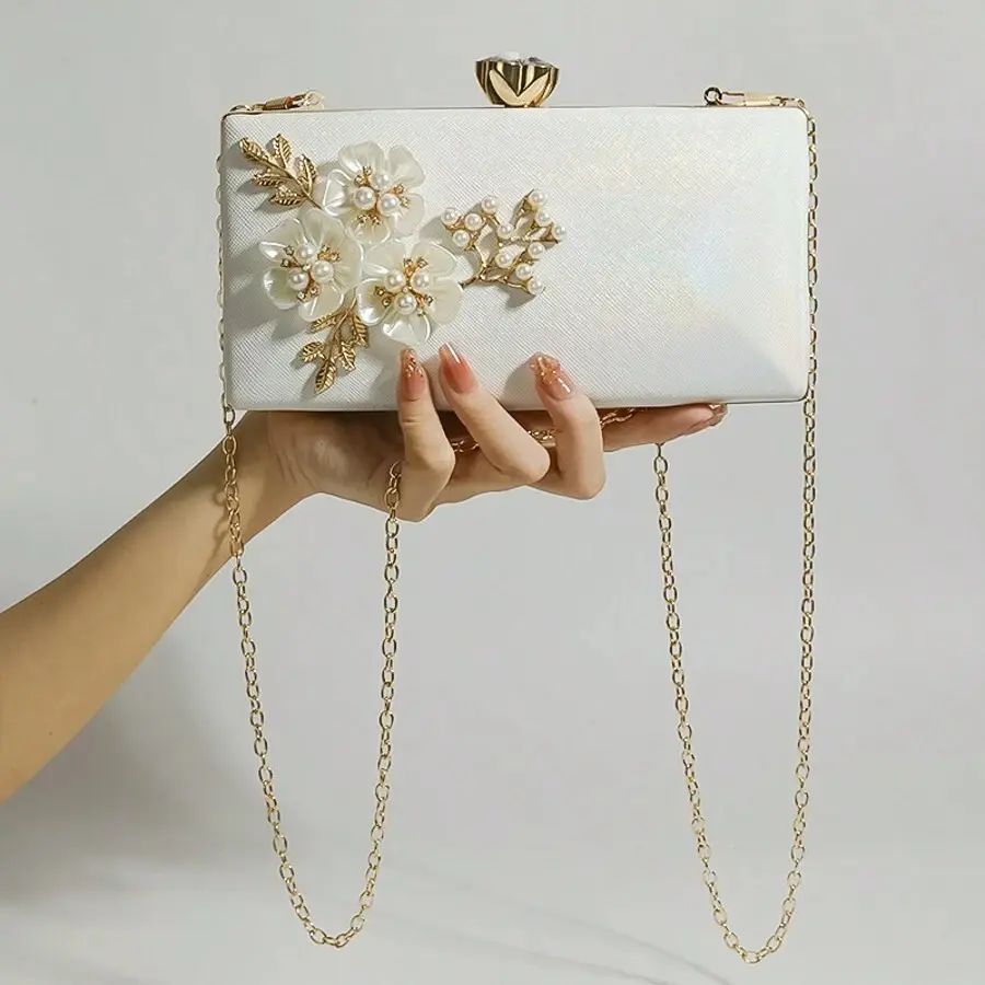 Bolso de mano con apliques de flores - Blanco
